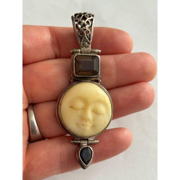 Unbranded Jewelry - Vintage Sterling Silver Moonface Pendant Smokey Quartz Purple Iolite Large
